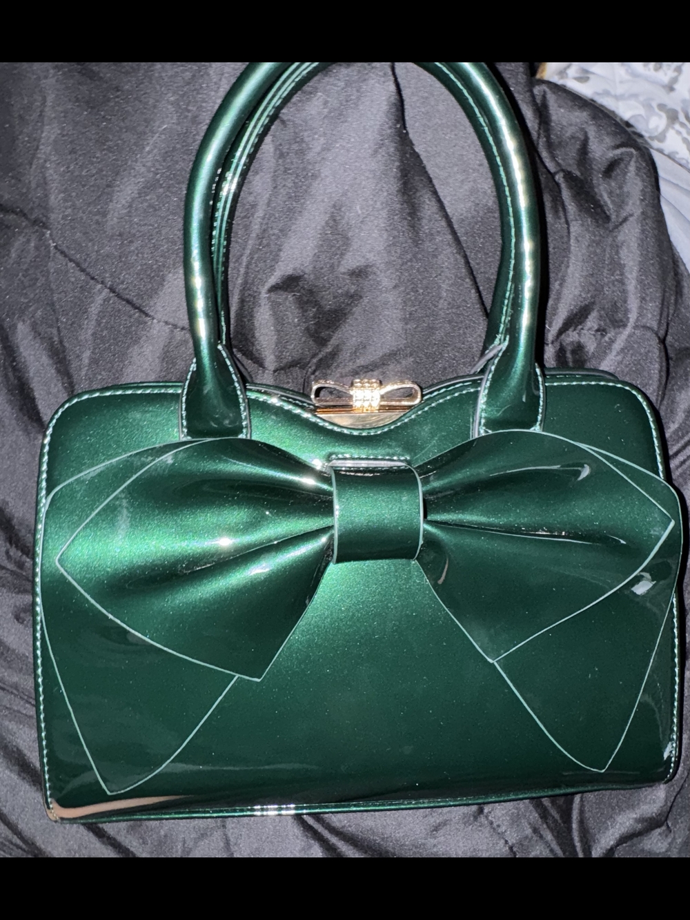 Emerald Green Bow-Accent Patent Handbag